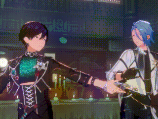 two anime characters are standing next to each other in a dark room holding hands .