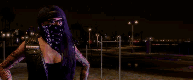 a woman with purple hair wearing a bandana and a vest that says harley davidson on it