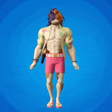 a cartoon character with a flamingo shirt and pink shorts is waving