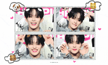 a collage of four pictures of a young man with the letter p on the bottom right