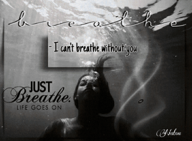 a black and white photo of a woman underwater with the words " i can 't breathe without you " above her