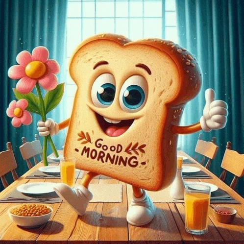 a slice of bread is holding a flower and saying good morning