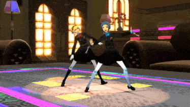 two girls are dancing on a dance floor in a room
