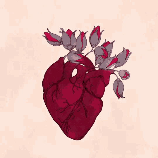 a drawing of a heart surrounded by roses and petals