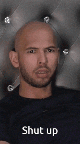 a bald man with a beard is sitting in front of a couch and says shut up