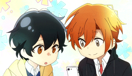 two anime characters looking at a cell phone
