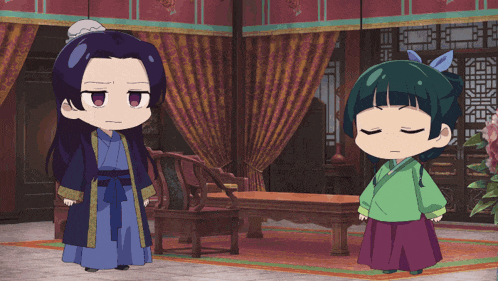 a couple of anime characters standing next to each other with their eyes closed