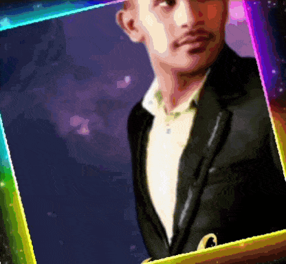a man in a suit is surrounded by a colorful frame