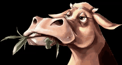 a cartoon drawing of a cow eating a green leaf