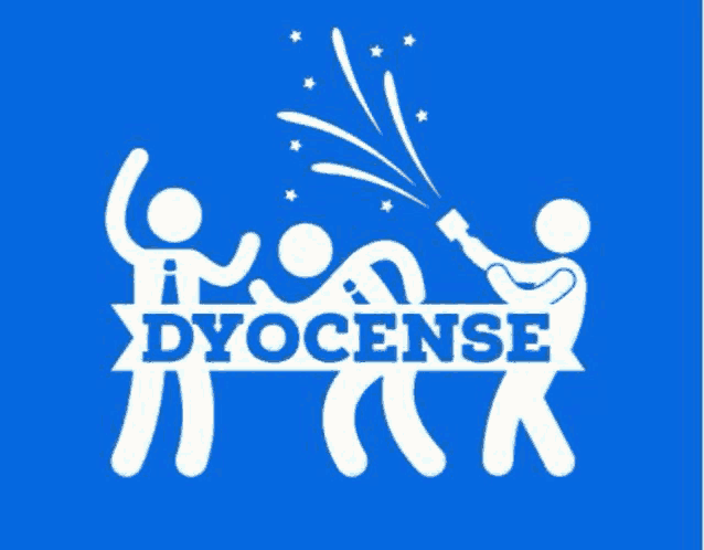 a group of people are standing next to each other on a blue background with the word dyocense .