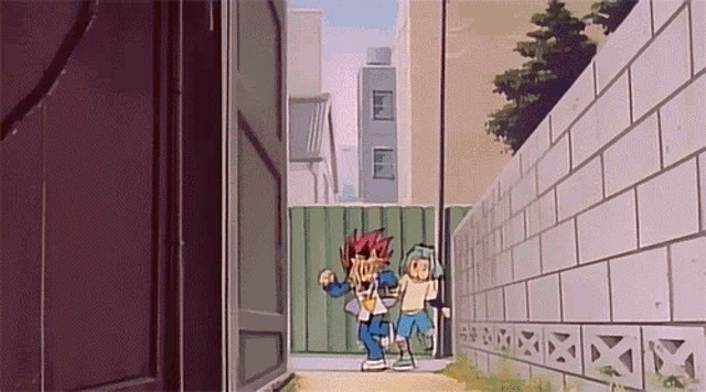 a couple of cartoon characters are walking down a sidewalk