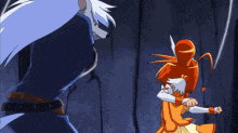 a couple of anime characters are fighting each other with swords