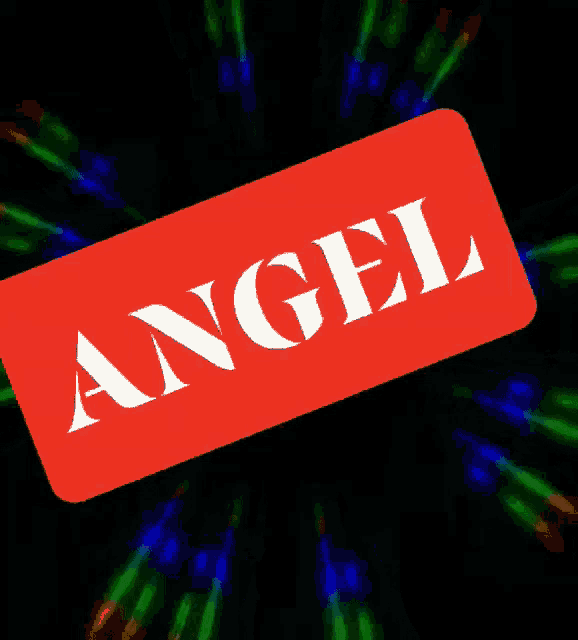 a red sign that says angel is surrounded by colorful lights