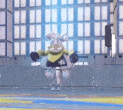 a cartoon character is standing in front of a building with lots of windows