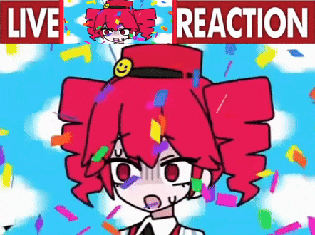 a cartoon of a girl with red hair and a smiley face on her hat surrounded by confetti .