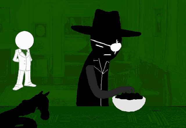 a cartoon of a man standing next to a bowl of black beans