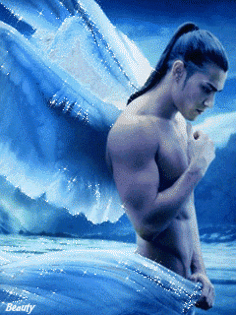 a naked man with blue wings is standing in the water with the word beauty below him