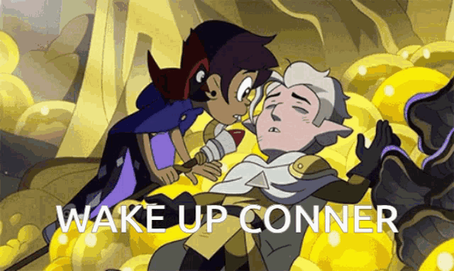 a cartoon character with the words wake up conner written on it