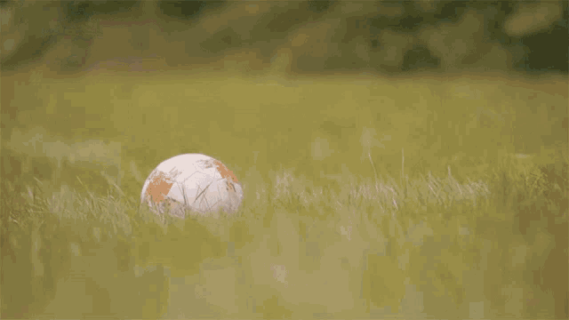 a little girl in a blue shirt is kicking a soccer ball