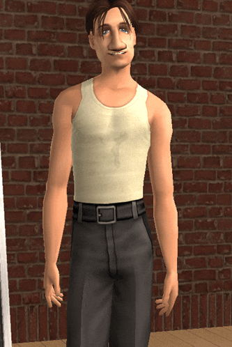 a man wearing a white tank top and black pants is standing in front of a brick wall