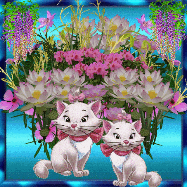 two cats are sitting in front of a bunch of flowers