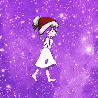 a girl wearing a santa hat is standing in the snow on a purple background