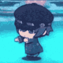 a cartoon character is standing on a blue surface and dancing .