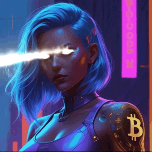 a painting of a woman with a tattoo of a bitcoin symbol on her arm