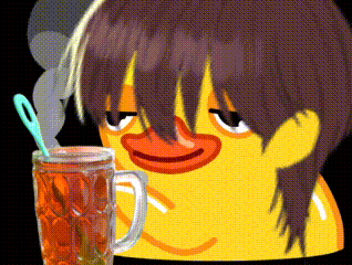 a yellow duck is holding a cup of tea with a green spoon in it