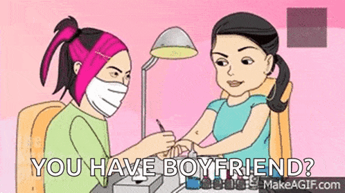 a cartoon of a woman getting her nails done by a nail technician .