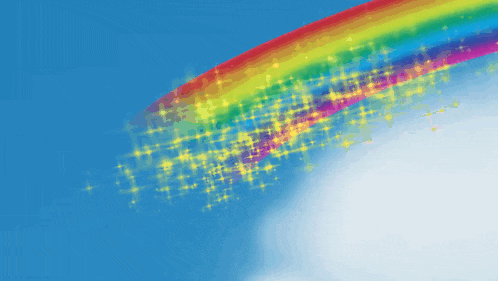 a rainbow in a blue sky with sparkles