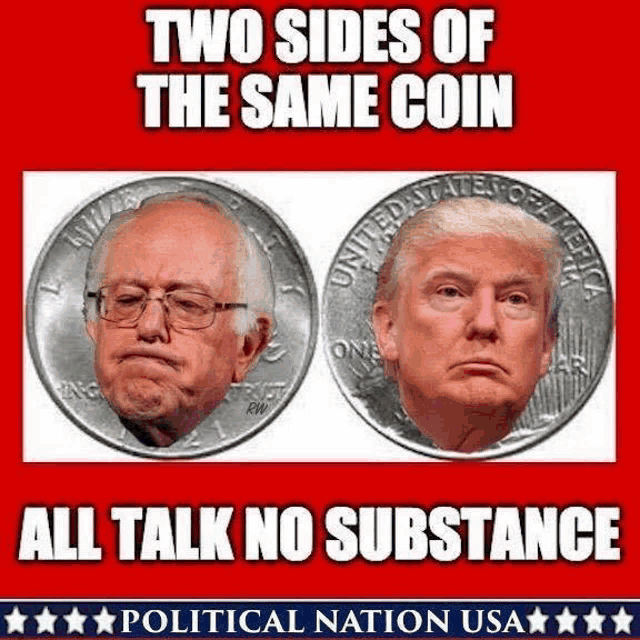 two coins with the faces of donald trump and bernie sanders on them .