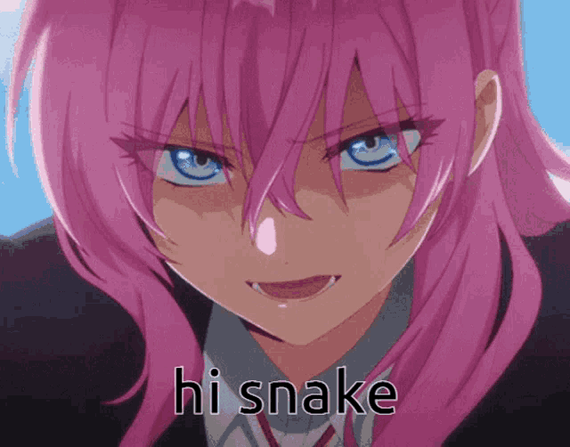a close up of a girl with pink hair and the words hi snake