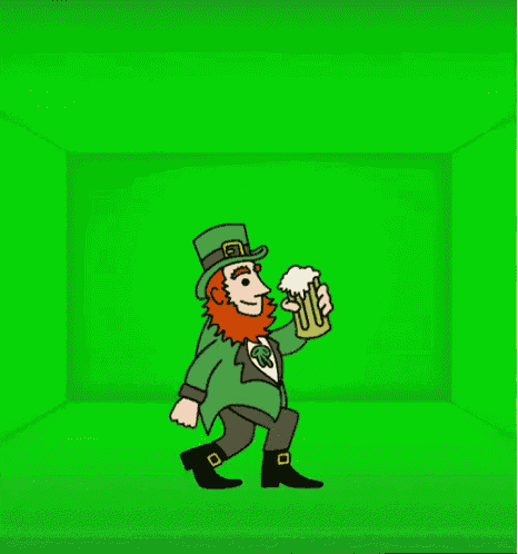 a cartoon of a leprechaun holding a glass of beer