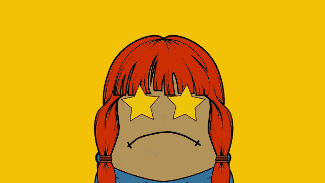 a cartoon of a girl with red hair has two stars on her eyes