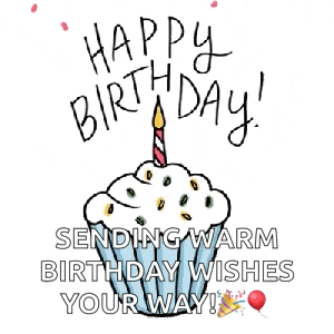 a birthday card with a cupcake with a candle on top and the words `` happy birthday sending warm birthday wishes your way ''