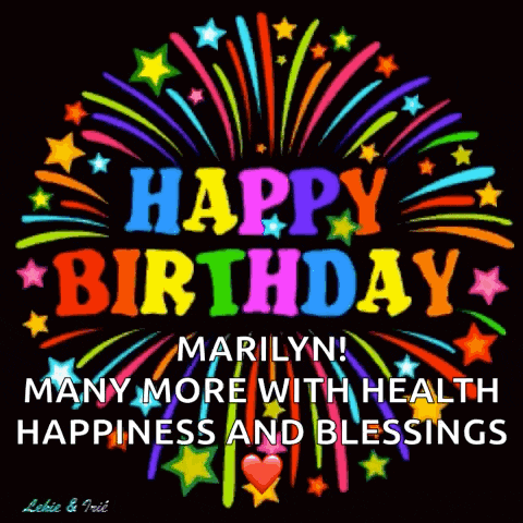 a colorful birthday card for marilyn with fireworks in the background