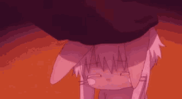 a close up of a cartoon character with pink hair and ears crying .