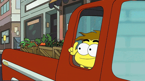 a cartoon character is sticking his head out of the window of a red truck