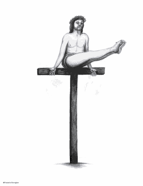 a drawing of jesus hanging upside down on the cross