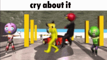 a group of cartoon characters are dancing in a video game with the caption " cry about it "