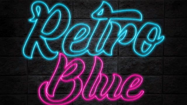 a neon sign that says retro blue on a dark brick wall