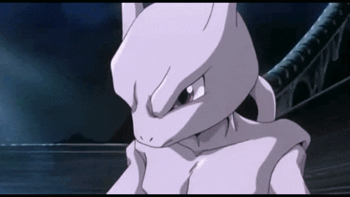 a close up of a purple pokemon standing next to a body of water .