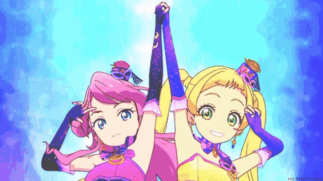 two anime girls are holding hands with a blue sky behind them and the watermark hc1hot neo