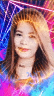 a woman 's face is surrounded by a colorful background with a glowing circle in the middle