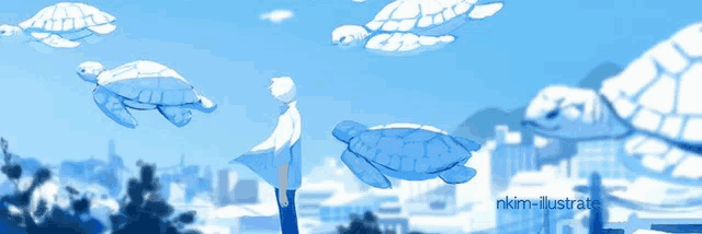 a painting of sea turtles floating in the sky by nkim-illustrator