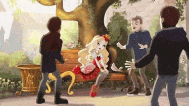 a cartoon of a girl sitting on a bench talking to a group of people