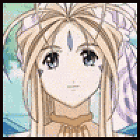 a close up of a cartoon character 's face with long blonde hair and blue eyes .