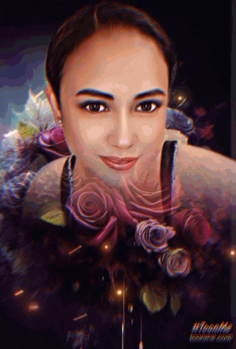 a painting of a woman surrounded by purple roses with the hashtag #dreame