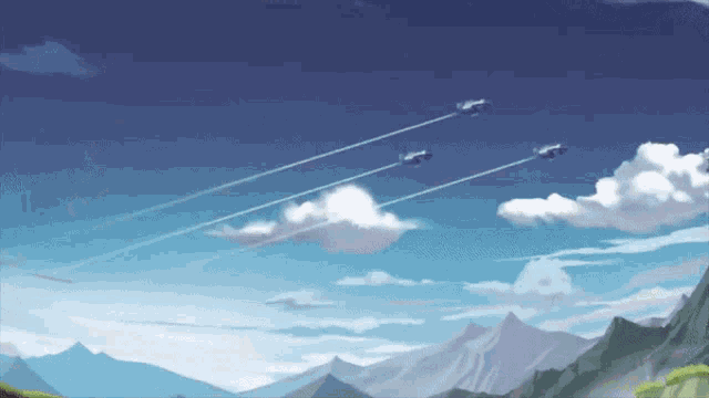 three planes are flying through a blue sky over a mountain range